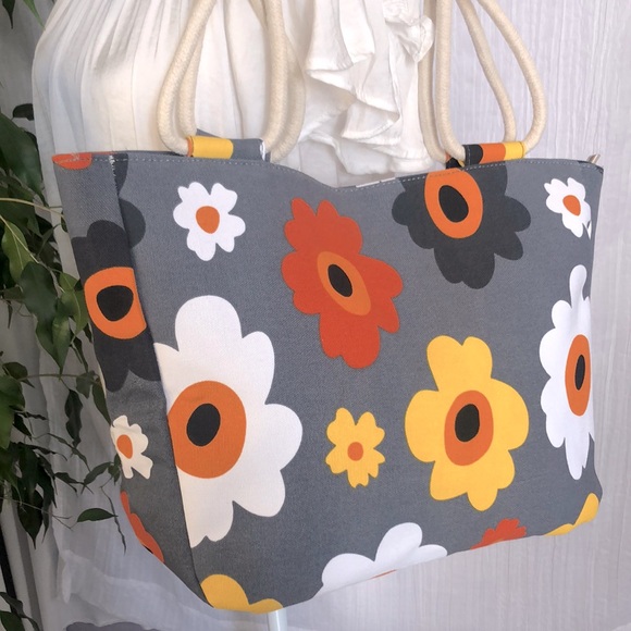 FARMHOUSE IS MY STYLE large canvas floral tote bag gray w/orange yellow NWOT - Picture 3 of 15